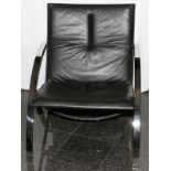 MODERN LEATHER & STEEL LOUNGE CHAIR, H 30", W 26": Black leather upholstered seat and back, with