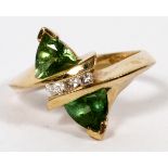 14KT YELLOW GOLD & TOURMALINE RING, SIZE 3 1/2: With two triangular tourmalines and three