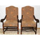 JACOBEAN MAHOGANY ARMCHAIRS, PAIR, H 48": Featuring floral pattern upholstery. Measuring H.48" x 30"