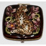JAY STRONGWATER ENAMELED & JEWELED COMPACT, W 2 3/4": Decorated with a center leopard, seated