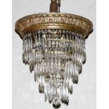 BRONZE AND CRYSTAL THREE-LIGHT CHANDELIER, H 32", DIA 18": Empire style with four tiers of crystal