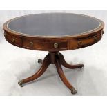 REGENCY MAHOGANY DRUM TABLE, H 31", DIA 49": Inset black tooled leather top, frieze with four