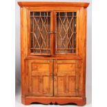 ANTIQUE PINE CORNER CABINET, H 82", W 56", D 17": Electrified. The upper section features two doors,