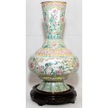 CHINESE ENAMEL ON BRASS VASE, H 13": Trumpet-form metal vase with bulbous body, hand painted bird
