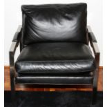 MILO BAUGHMAN FOR THAYER-COGGIN, LEATHER LOUNGE CHAIR, C. 1970, H 28": Black leather upholstery,