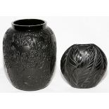 LALIQUE BLACK GLASS VASES, TWO, H 4 1/2"-6 3/4", 'BICHES' & 'FILICARIA': Including one "Biches"