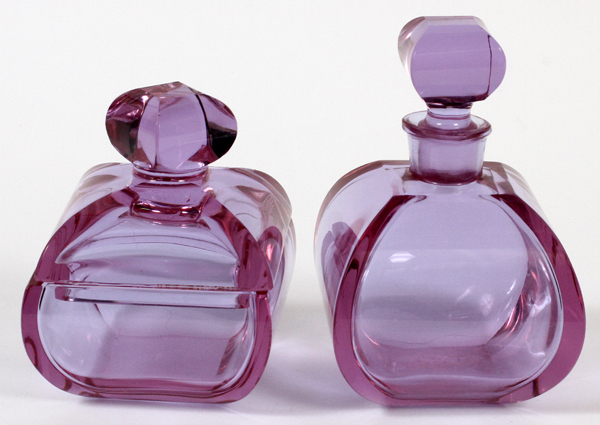 MOSER ALEXANDRITE GLASS PERFUME BOTTLE & BOX, C. 1930-40, TWO, H 4" & 5": Including one perfume