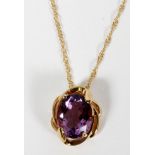 14KT YELLOW GOLD & AMETHYST PENDANT WITH NECKLACE, L 18": Deep amethyst color. Hung from a very fine