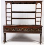 JACOBEAN STYLE OAK SIDEBOARD & SHELF, 19TH C., H 31 1/2", W 68", D 13": Including 1 sideboard,