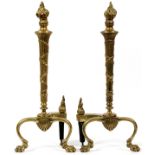 FRENCH STYLE BRONZE ANDIRONS, H 21": Tapered reeded design with ribbon enhancement, claw feet and