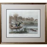 AFTER TURNER, HAND COLORED ENGRAVING BY HUNT, 18" X 20", "DUCK SHOOTING": Under glass and matted