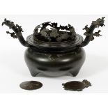 CHINESE BRONZE INCENSE BURNER, H 8", DIA 9 1/2": Having a central footed bowl with branch and leaf