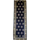 CHINESE WOOL RUNNER - REDUCED, L 11' 2" X 3' 9": Cut at end. Navy and ivory. Circa 1930