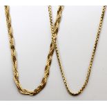 14KT YELLOW GOLD NECKLACES, TWO, L 18" & 16": Including 1 box link necklace, L.18", and 1 braided