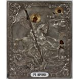 RUSSIAN .875 SILVER OKLAD ICON, ST. GEORGE & THE DRAGON, 12" X 10": A repousse silver cover
