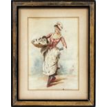 M. GILBERT WATERCOLOR, H 10", L 7", WOMAN WITH KITTENS: Depicting a woman in an apron having a