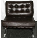 BARCELONA STYLE BROWN LEATHER & CHROME CHAIRS, PAIR, H 29", W 31": A pair of Barcelona style