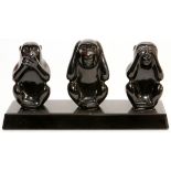 OBSIDIAN MONKEYS ON A BASE, H 3 3/4", W 6 3/4": Obsidian carved as monkeys, "Speak, Hear and See