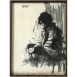 ALDO LUONGO [ARGENTINIAN, B. 1940], CHARCOAL DRAWING, H 27", W 37": Girl seated with flowers; 27 1/