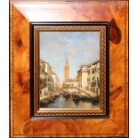 CONTEMPORARY OIL ON BOARD, 9 1/2" X 7 1/2" VISIBLE, VENICE: Signed lower right, appears to be "