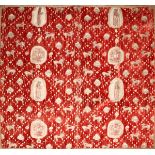HAND-STITCHED RED VELOUR ECCLESIASTICAL TEXTILE, LATE 19TH C., 44" X 47": Red ground with figural