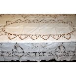 LINEN CUTWORK TABLECLOTH 98" X 76" + 12 NAPKINS: Ecru linen. Includes 12 matching napkins 20" x 20".