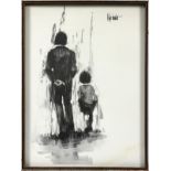 ALDO LUONGO [ARGENTINIAN, B. 1940], CHARCOAL DRAWING, H 39", W 29": Man walking with child; 39 1/