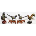 CHINESE ENAMELED SILVER BIRDS, FOUR, H 3"-4": Including 2 peacocks, 1 chicken, and 1 other bird;