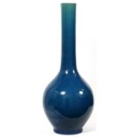 MONUMENTAL BLUE GLAZED POTTERY VASE, H 37" DIA 15": Baluster form, with an elongated neck; glazed in