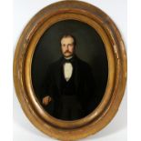 FRENCH OVAL OIL ON ARTIST BOARD, 19TH C., H 16", W 12", FRONTAL PORTRAIT OF A MAN: Unsigned; gilt