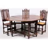 JACOBEAN STYLE DROP-LEAF DINING TABLE & CHAIRS [3], 19TH C., H 30", W 67": Including 2 side