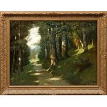 F. HOLLERER, OIL ON CANVAS, H 28 1/2" W 38 1/2", 'THE ROAD THROUGH THE WOODS': Signed at the lower