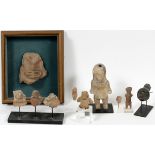 PRE-COLUMBIAN STYLE POTTERY MASKS & FIGURES, 10 PCS, H 3/4"-7": Including five masks, together