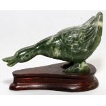 CHINESE CARVED SOAPSTONE FIGURE OF A DUCK, H 2 1/2", L 5": On a separate wood base.