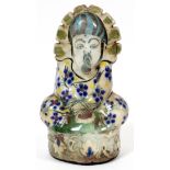 CHINESE POTTERY FIGURE, H 9 1/2" W 5 1/2": Underglaze decorated in blue, yellow, green, and black