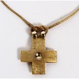 14KT YELLOW GOLD CROSS PENDANT NECKLACE, L 15 1/2": A mesh chain necklace [unmarked], L. 15 1/2",