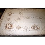 LINEN, LACE AND CUTWORK TABLE CLOTH 80" X 68": White. Hand made lace edge and inset panels with
