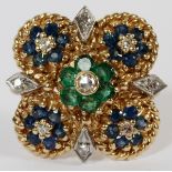 14 KT EMERALD, SAPPHIRE AND DIAMOND PIN: 14 kt clover form setting with four groups of round cut