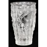 LALIQUE CLEAR & FROSTED GLASS VASE, H 7", DIA 4 1/4": Round tapered form glass vase, molded with