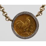 CHINESE FINE GOLD COIN PENDANT & NECKLACE, L 21" DIA 1 3/8": A 14kt yellow gold chain necklace,