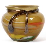 MULTI-COLORED BROWN ART GLASS VASE, H 5", DIA 6": Applied handle.