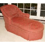 CONTEMPORARY UPHOLSTERED CHAISE,: Crimson color upholstery. Labeled: Designer's Cove, Dexter,