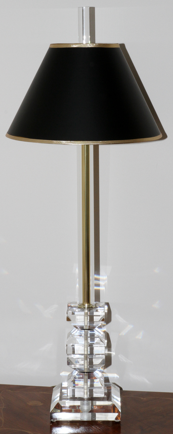 CONTEMPORARY ACRYLIC CONSOLE LAMP, H 38": With black paper shade, acrylic over brass shaft and