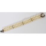 PEARL TRIPLE-STRAND BRACELET WITH DIAMOND & PEARL CLASP, L 7 1/4": Individually knotted pearls,