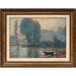 HENRI DESFORGES [FRENCH], OIL ON CANVAS, 1919, H 12" W 17", LAKE SCENE: Signed and dated 1919 at the