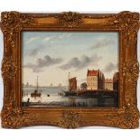 MENANDER [20TH C.], DUTCH OIL ON CANVAS, 7" X 9", PORT SCENE: Signed lower right, framed.