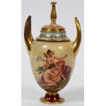 ROYAL VIENNA PORCELAIN COVERED URN, 19TH C., H 7", W 4": Covered urn, flanked by fired gold handles,