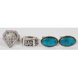 GENTLEMAN'S STERLING CUFF LINKS & RINGS, 4 PCS: Including a pair of sterling and turquoise cuff