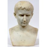 ITALIAN GRAND TOUR MARBLE BUST OF YOUNG CAESAR AUGUSTUS, 19TH C., H 17", W 11", D 6": Carved