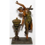 FRENCH ART NOUVEAU PATINATED SPELTER LAMP, H 12 1/2": Mounted with a figure of a lady dancing;